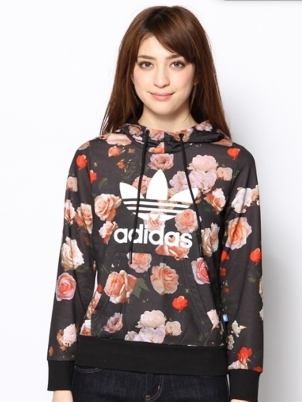 Adidas Floral Trefoil Hoodie - Black with Rose Print - Picture 2 of 9